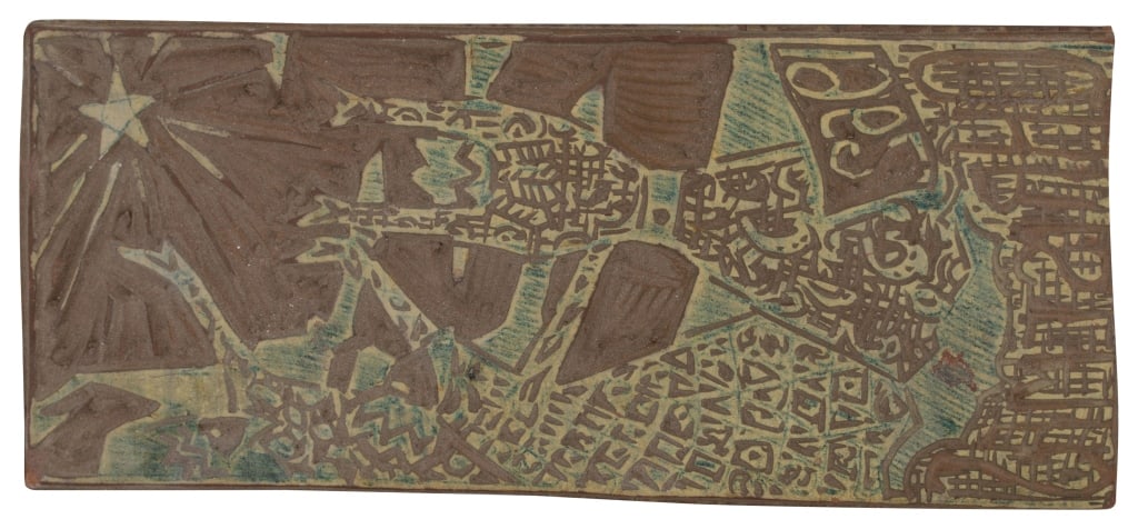 Gilbert Rose - 1962 Original Carved Woodblock: Item/Description: Original woodblock carved relief for printmaking. Features figures reaching up towards the North Star. "1962 Christmas" across the bottom. Artist's name handwritten to back of block: