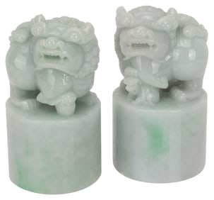Pair Chinese Foo Dog Jade Chop Seal Statuettes