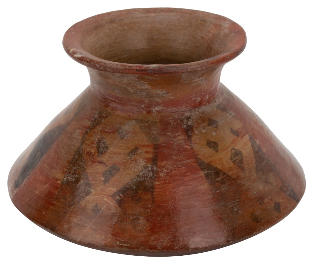 Pre-Columbian Quillacinga Polychrome Tirpa Pottery: Item/Description: Round-bottom pottery tirpa vessel, featuring painted red and black triangle and lattice designs. Quillacinga (Nari?o) culture from Andean Range in Nari?o, Colombia. Comes with certif