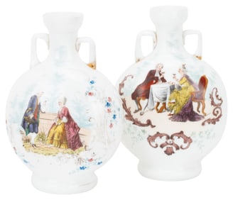 Victorian Fragonard Style Milk Glass Vase Pair