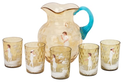 Antique Hand-Painted Bubble Glass Pitcher Set