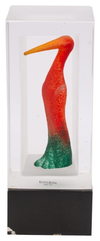 Kjell Engman Kosta Boda Glass Bird Sculpture: Item/Description: Signed whimsical and brightly colorful Kosta Boda glassworks figural bird sculpture on stand by renowned Swedish designer, Kjell Engman. Standing pelican bird within a shadow box of