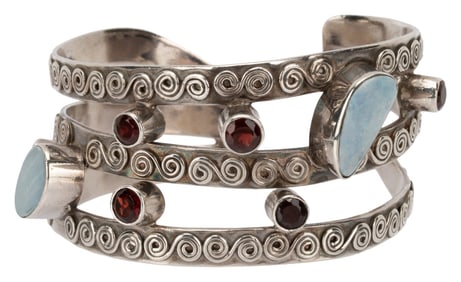 Brutalist Sterling Opal Garnet Jeweled Cuff