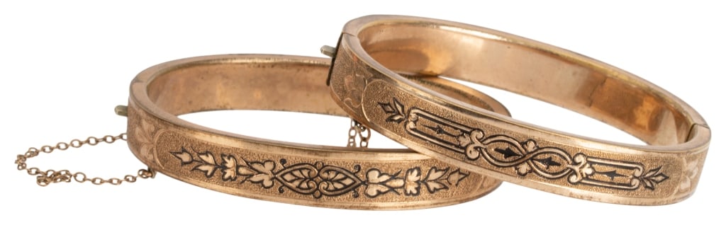 Antique Bates and Bacon Gold Filled Enamel Bangles: Item/Description: Antique Victorian era matching pair of B & B, Bates and Bacon 12K gold filled taille d'epergne black enamel bracelets. Traditionally worn by brides on each wrist. Beautiful workmansh
