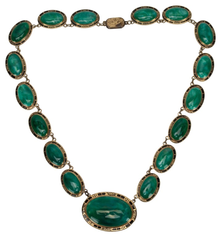Antique Czech Gilt Brass Green Enamel Choker: Item/Description: Art Deco era gilt brass choker necklace. Graduated oval stations linked together, bezel set with glowing swirled and mottled green enamel inlay mimicking Peking art glass. Black enam