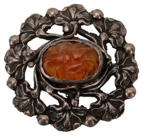 Antique Sterling Carved Carnelian Floral Brooch