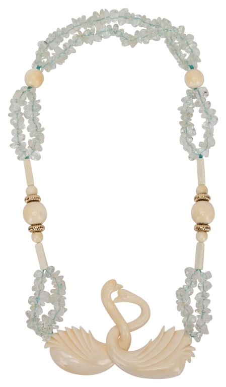 Carved Swans Bone Bead Tumbled Aquamarine Choker: Item/Description: Unique and elegant carved swan necklace comprised of strands of natural polished tumbled aquamarine chip stones strung on blue twine, knotted in sections, accented by round, and tubu