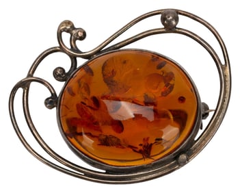 Sterling Baltic Russian Amber Brooch