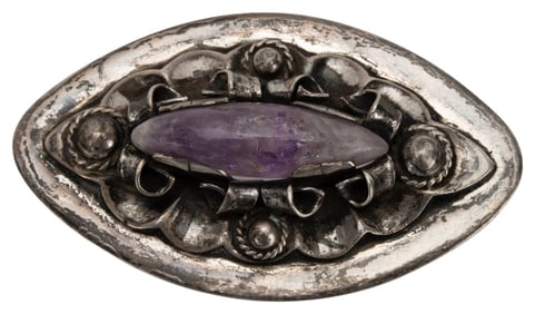 MCM Signed Silver Amethyst Brooch Mexico