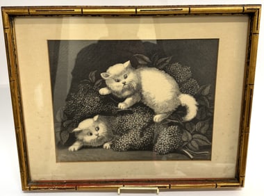 19th c. Currier & Ives Two Kittens in Lilacs Print