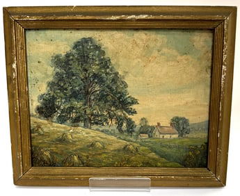 Antique Folk Art Bucolic Farm Scene Oil on Board