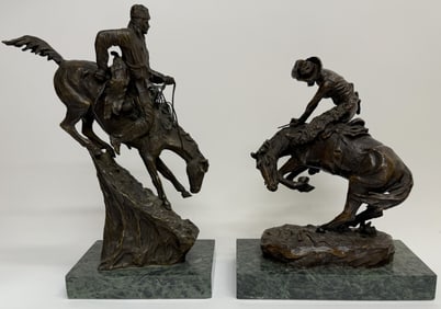 After Remington Cowboy Bronco Bronze Sculptures