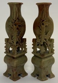 Chinese Carved Soapstone Floral Sculpture Pair