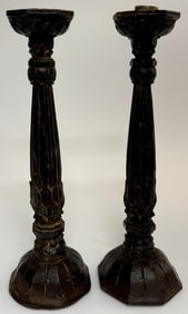 Antique Hand-Carved Wood & Brass Candlesticks