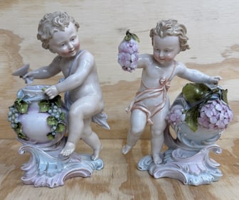 Mid-Century Porcelain Cherub & Floral Vase Pair