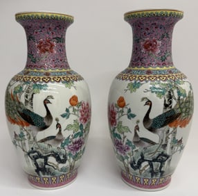 Chinese Famille Rose Peacock Porcelain Vases