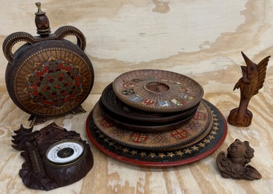 German Black Forest Wooden Barometer & Folk Plates