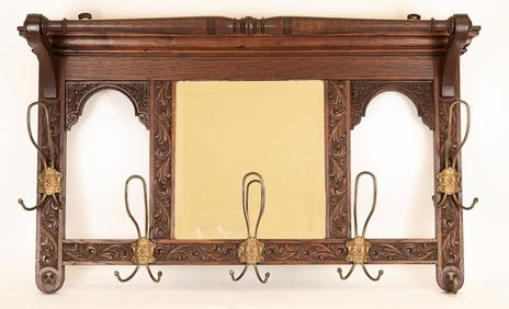 Antique Carved Wood Coat Rack & Mirror