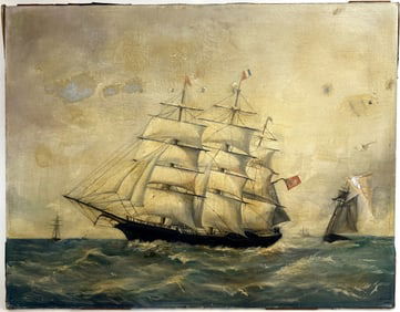 19th c. Clipper Ship Oil on Canvas Painting