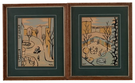 Wylie Signed Pair of Mid-Century Street Scenes