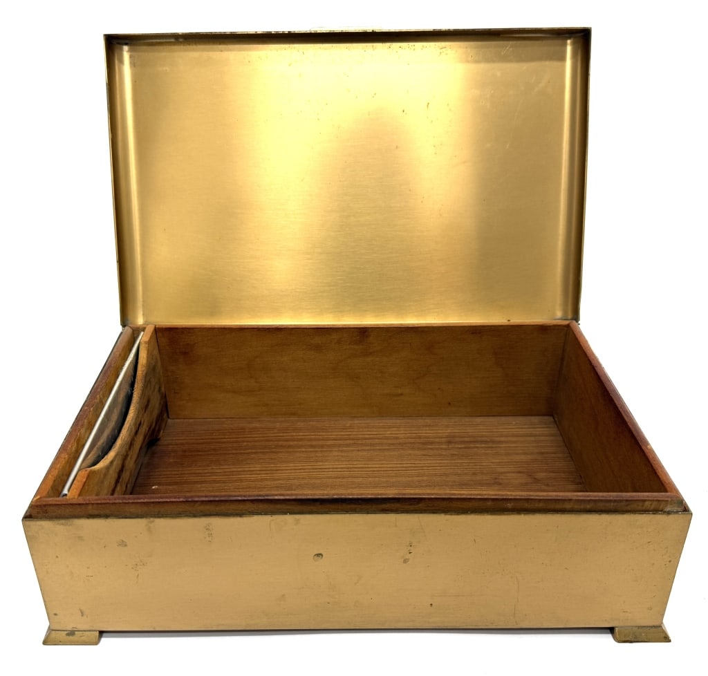 Vintage Silvercrest Aztec Clay Humidor: Item/Description: Vintage Silvercrest Aztec Clay Moistener Co. brass cigar box or humidor with a cedar wood-lined interior from the mid-20th century. Marked Genuine Bronze Silver Crest 507-36 on under