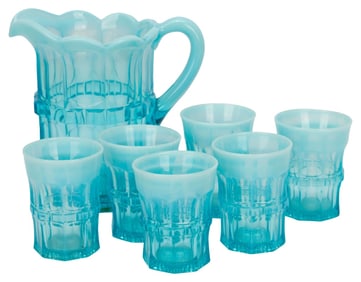 Antique Spooner Opalescent Blue Regal Glass Set