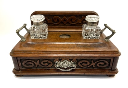 Victorian Oak Desk Inkstand