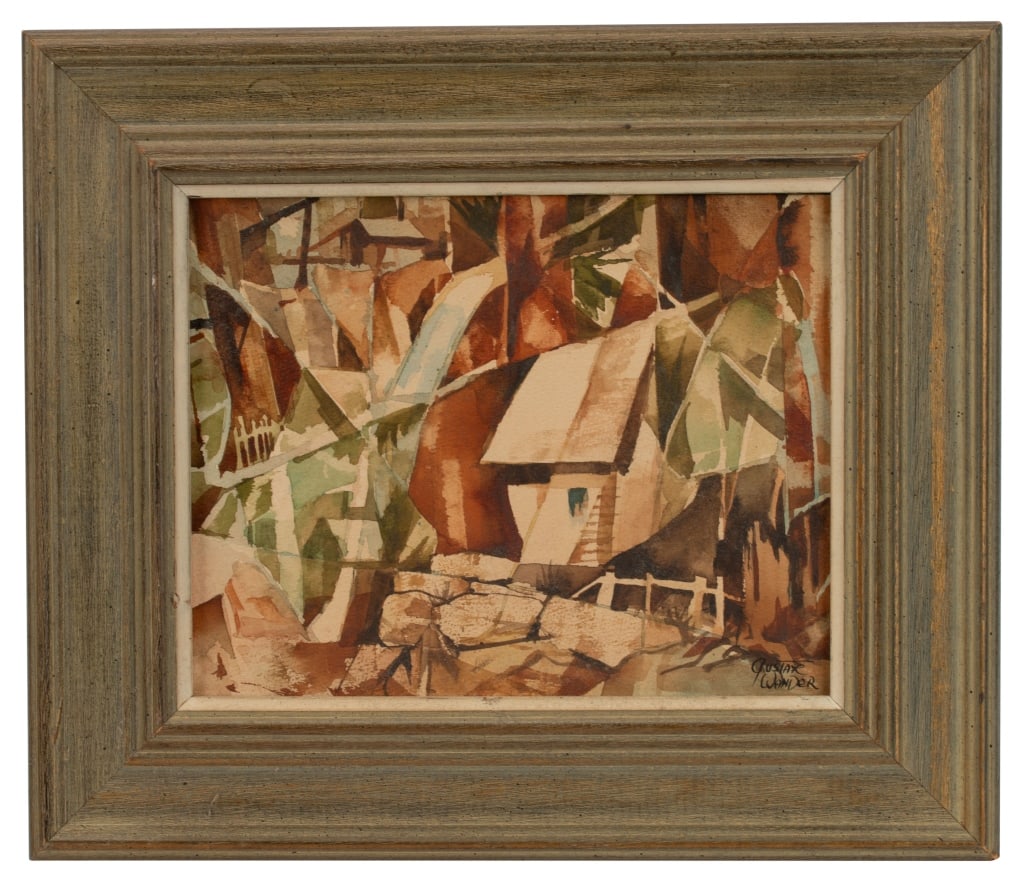 Gustave Wander - Watercolor Cubist Landscape: Item/Description: Original abstract watercolor painting by American artist Gustave Wander (1934-2017) features a cityscape made up of fragmented geometric forms in muted tones. Signed lower right. Woo
