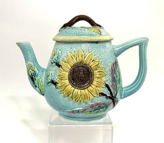 English Majolica Sunflower & Lily Teapot, 1880