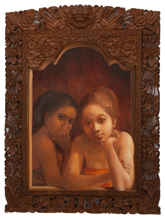 Abdul Aziz - Portrait Painting of Two Girls: Item/Description: Portrait of two girls looking out a window. Signed and dated lower left. Set in an ornately carved Balinese Barong dragon head frame. The frame acts as the window the two girls are l