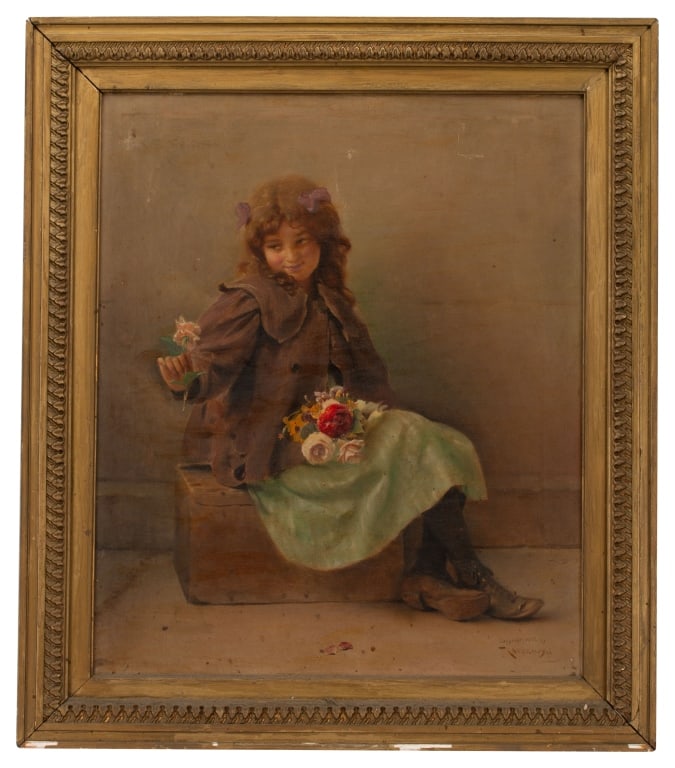 Karl Witkowsk, O/C Portrait of a Girl w Flowers: Item/Description: Original oil painting of a young girl with flowers. Dressed in period clothes, she is seated on a wooded crate and handing a single flower from her bouquet to an unseen recipient. Si