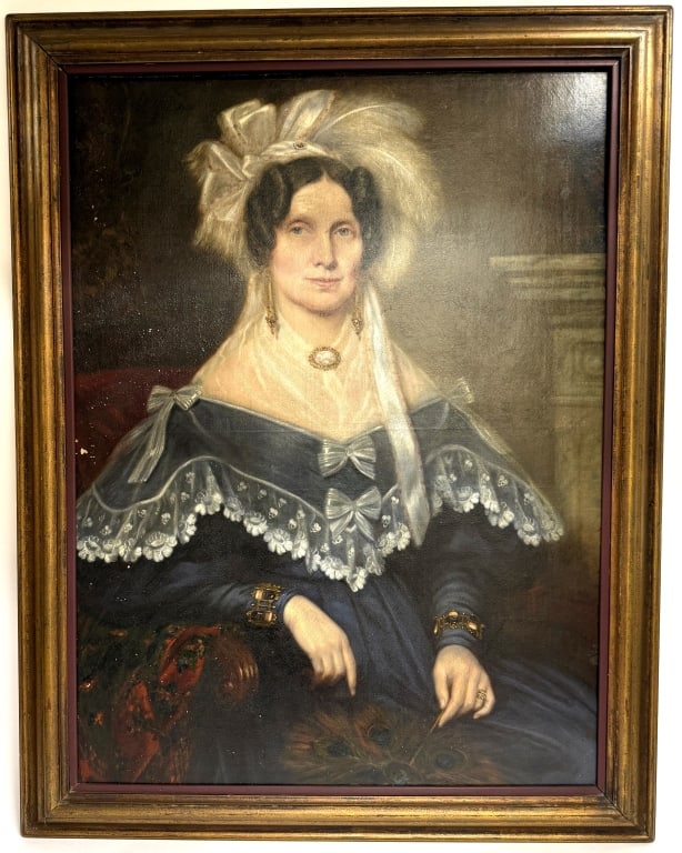 B. Morris 1837 - Oil Painting Portrait of a Lady: Item/Description: English School 19th Century relined oil painting of a distinguished women in lace and a bonnet. Marked B. Morris and dated 1837 en verso. Signature appears to have been removed durin
