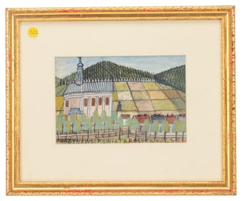 Nikifor Krynicki - Watercolor Landscape w Church