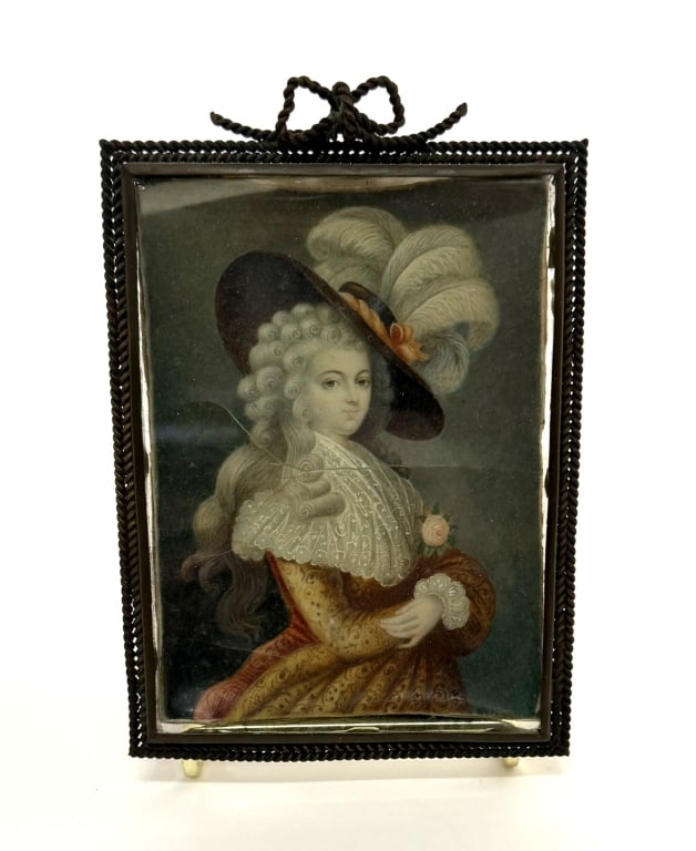 Miniature 18th C Portrait on Calf Skin Vellum: Item/Description: Antique hand painted miniature, finely detailed 18th-century portrait depicting an elegant lady with curled hair, wearing a large hat adorned with white feathers and a lace-trimmed c
