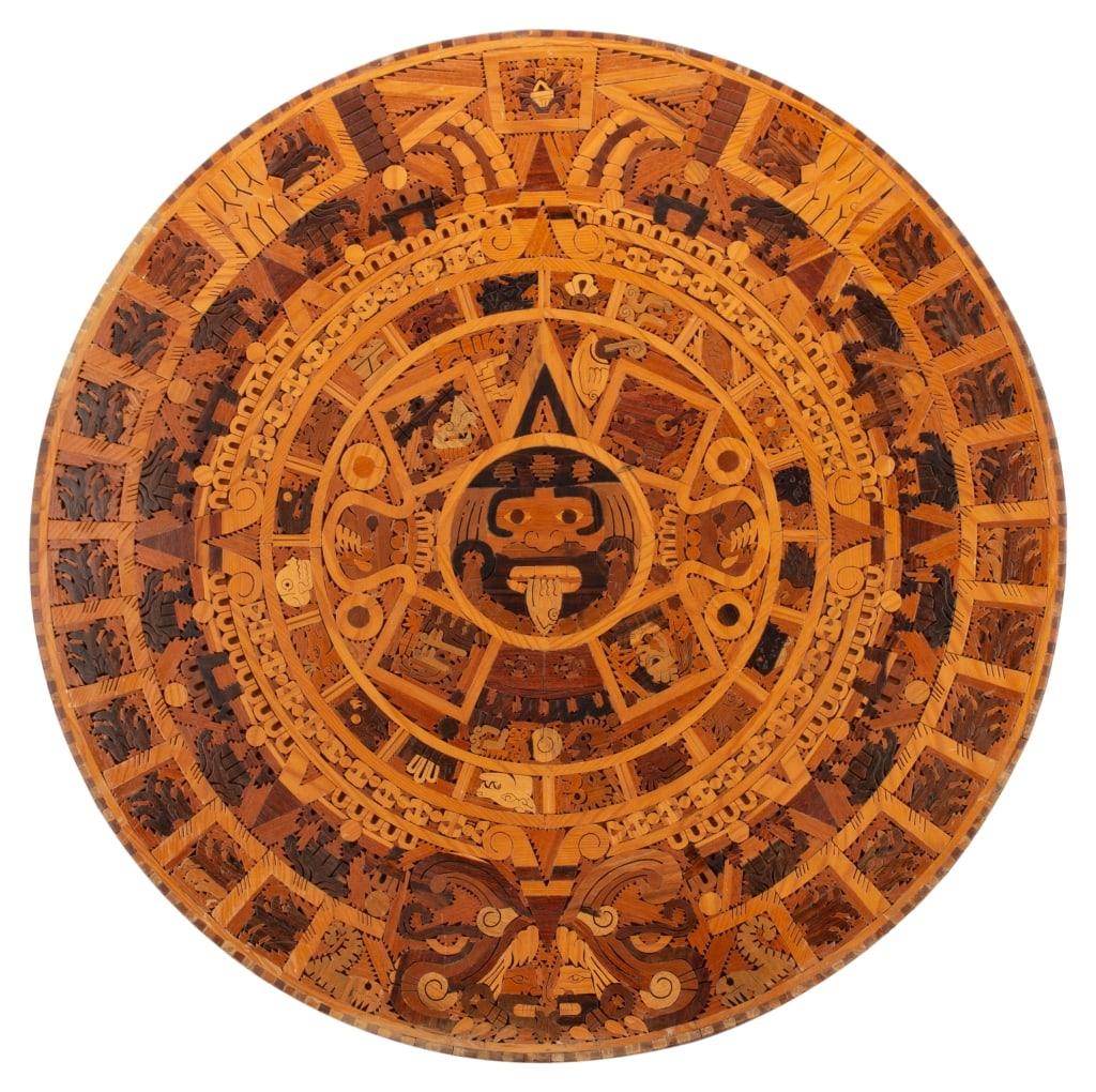 Aztec Mayan Inlaid Wood Calendar Table Top Art (1 of 9)