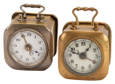 Pair Brass Travel Alarm Clocks, French & German