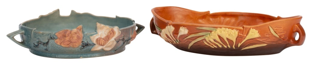 Roseville - Magnolia & Freesia Console Bowls: Item/Description: Set of two Roseville Pottery oval, double-handled console bowls. Both are stamped with hallmarks of the American art pottery maker "Roseville U.S.A." and with their respective design