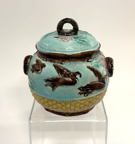 Majolica Flying Cranes Covered Sugar Bowl