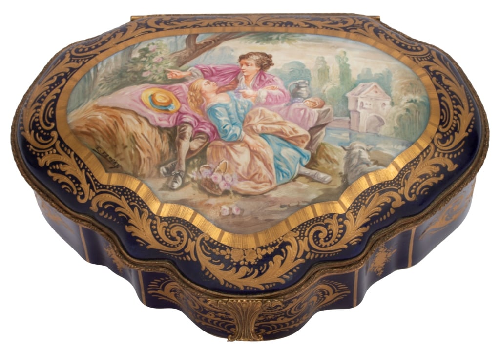 Antique French Sevres Porcelain Cobalt Blue Box: Item/Description: Magnificent signed antique French Sevres domed porcelain jewelry box featuring a hand-painted galant scene of a courting couple on the lid. Fragonard box. Second Empire style, Napole