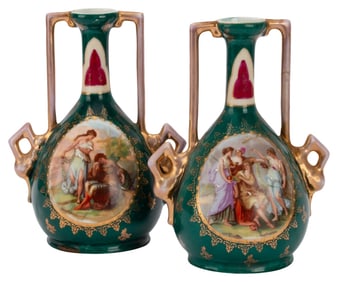 Pair Royal Vienna Austira Portrait Handled Vases