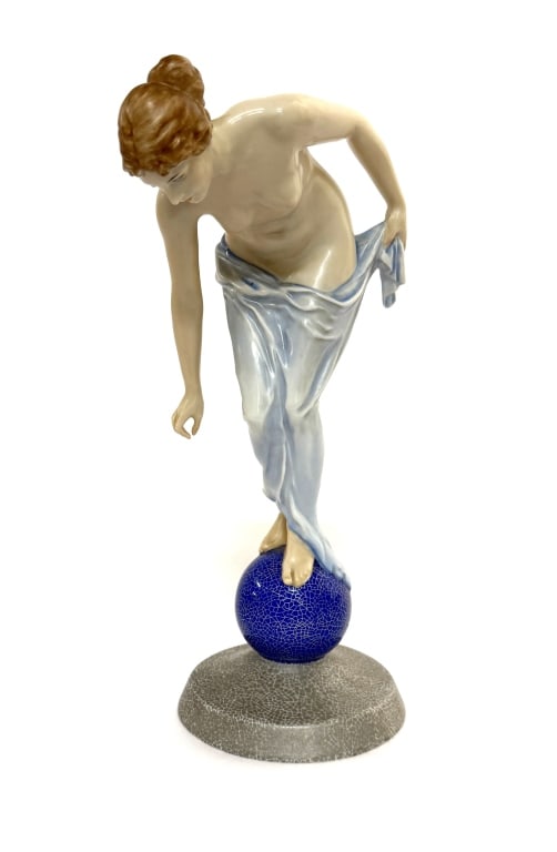 Rosenthal Ernst Wenck Nude Figurine "Fortuna": Item/Description: Rosenthal porcelain figurine "Fortuna". Hand-painted, partially nude female figure, depicted standing on a blue ball and bending down. Underside stamped with green Rosenthal Germany 