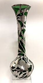 Art Nouveau Silver Overlay Emerald Glass Vase