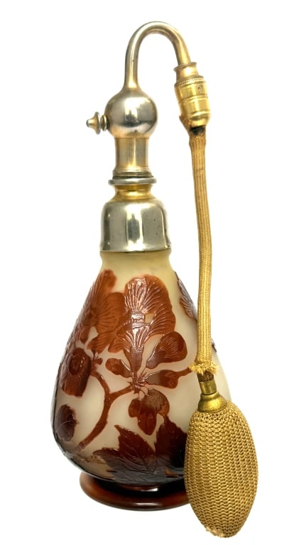 Cameo Perfume Atomizer - Emile Galle: Item/Description: Art Nouveau atomizer / perfume dispenser by Emile Galle. Signed Galle. Art glass with etched and acid cut floral and leaf design, set against a frosted background. (Nancy, France) Ma