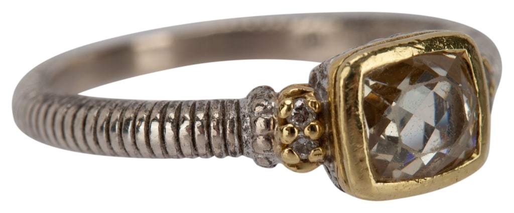 Judith Ripka Two 18K 925 White Topaz Ring - 6 3/4: Item/Description: Signed designer, Judith Ripka two- tone ring. Beautifully crafted in Sterling Silver and 18K yellow gold. Bezel set multi faceted white topaz gemstone flanked by four sparkly round w