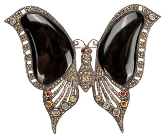 Sterling Onyx Jeweled Figural Butterfly Brooch