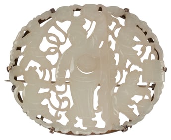 Chinese Celadon Jade Pierced Buckle Silver Pin