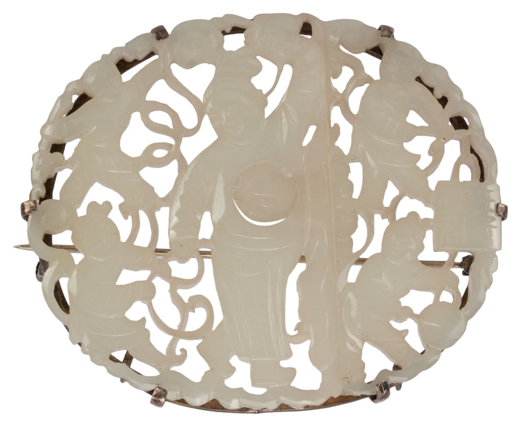 Chinese Celadon Jade Pierced Buckle Silver Pin (1 of 11)