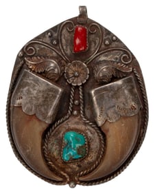 Silver Southwestern Coral Horn Turquoise Pendant