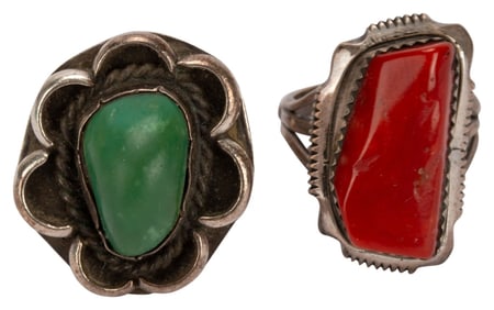 Southwestern Sterling Turquoise & Coral Ring Lot