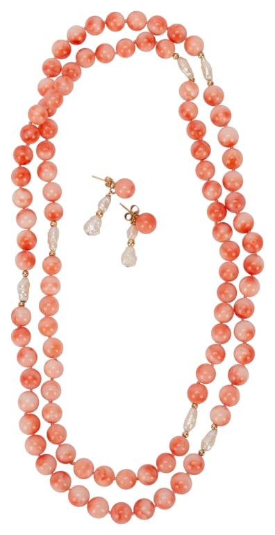 14K Salmon Coral Freshwater Pearl Jewelry: Item/Description: Lovely demi-parure consists of an over the head hand-knotted single strand of salmon pink coral beads accented with groupings of luminous white freshwater pearls nestled between 14K 